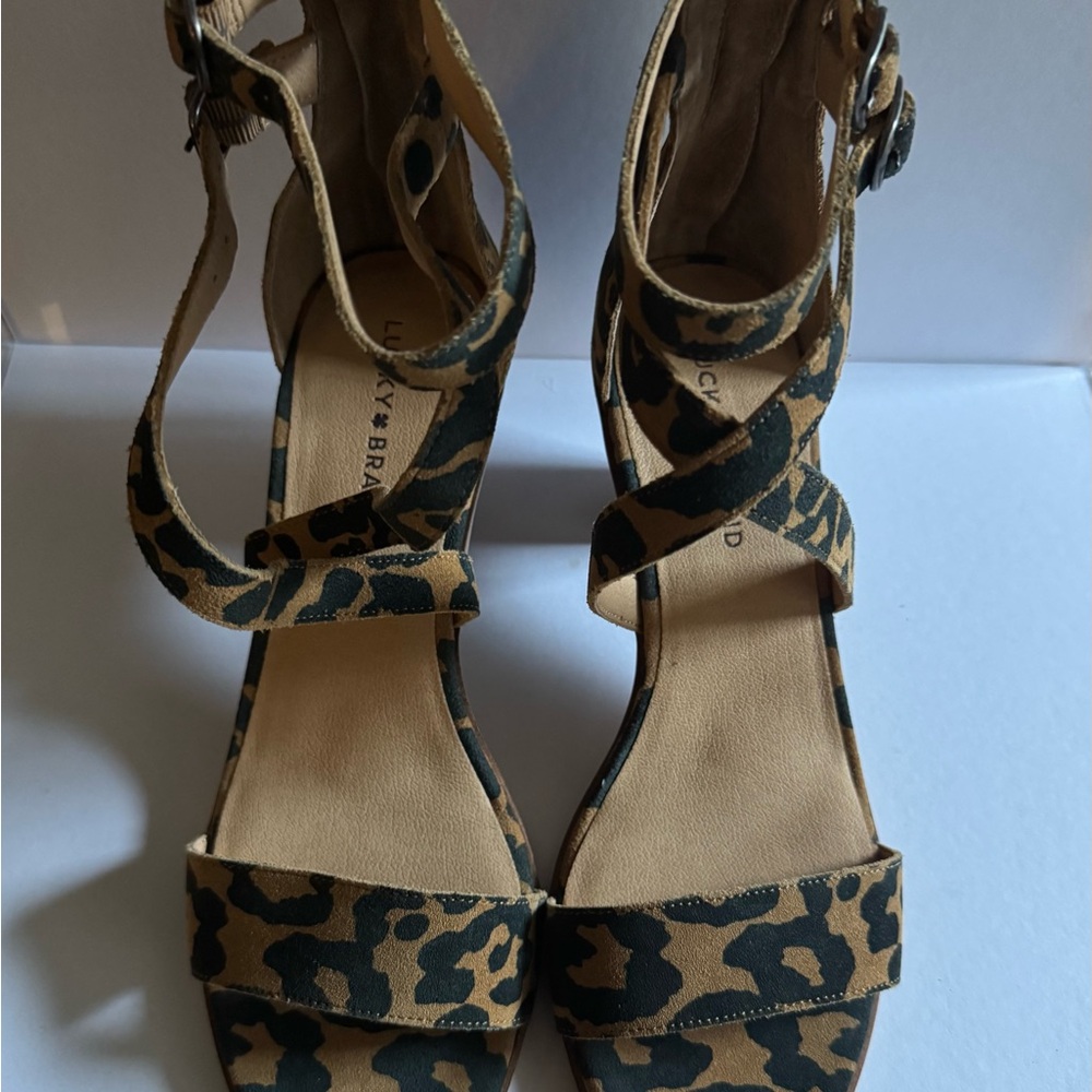 Lucky Brand Leopard-Print Cross-Strap Heels in Brown and Black